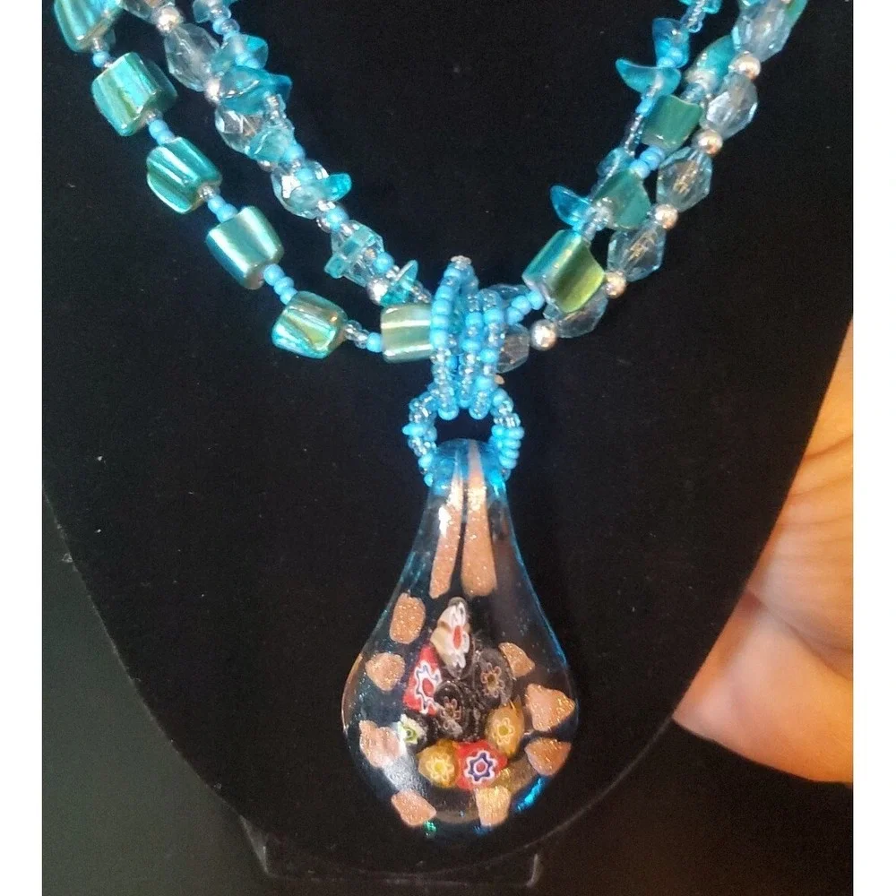 Dyed Abalone Shell And Glass Beaded Necklace With Large Blown Glass Pendant 20+